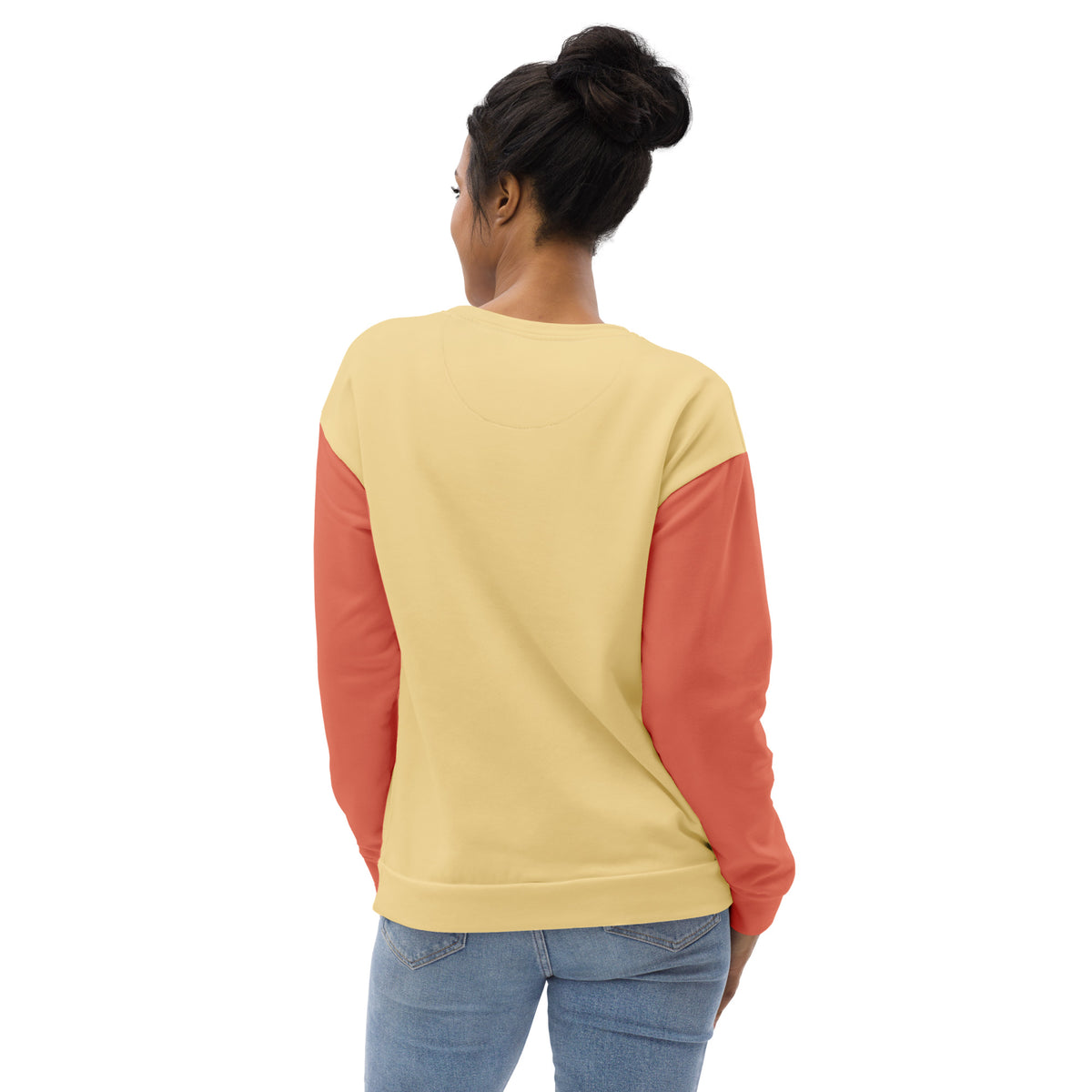 Back of the Formula No. 9 Creativity sweatshirt, plain soft yellow with terracotta sleeves