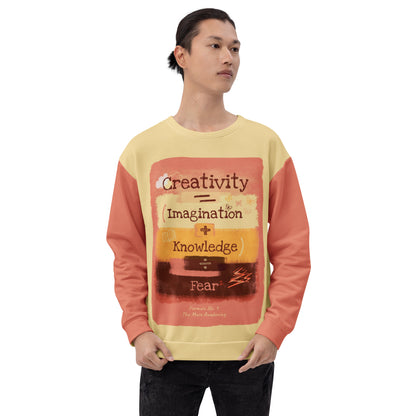 Formula No. 9 Creativity sweatshirt in yellow and terracotta: Creativity equals Imagination plus Knowledge, divided by Fear squared