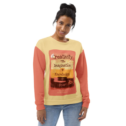 Formula No. 9 Creativity sweatshirt in yellow and terracotta: Creativity equals Imagination plus Knowledge, divided by Fear squared