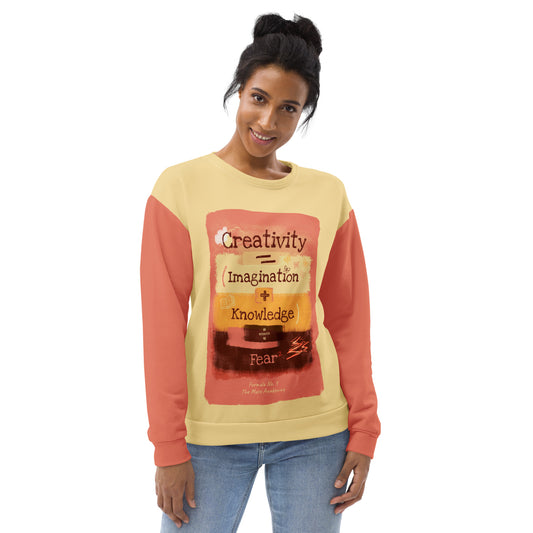 Formula No. 9 Creativity sweatshirt in yellow and terracotta: Creativity equals Imagination plus Knowledge, divided by Fear squared