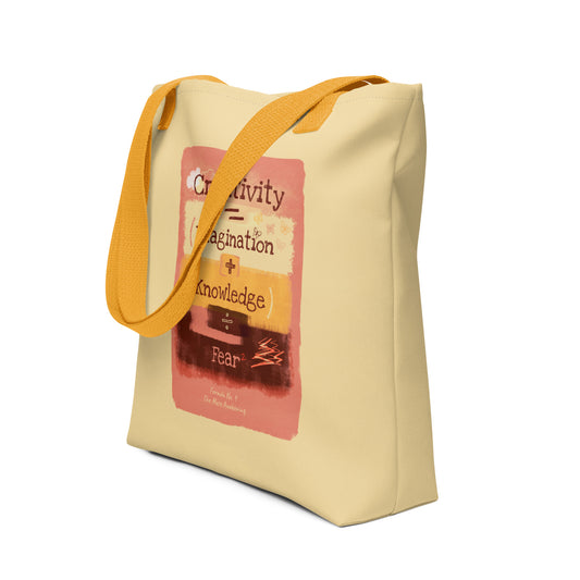 Formula No. 9 Creativity tote bag with golden orange handles: Creativity equals Imagination plus Knowledge, divided by Fear squared