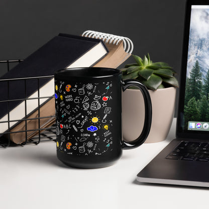 Cute illustrated black ceramic mug with school doodle art — dishwasher safe, available in 11 and 15 oz sizes