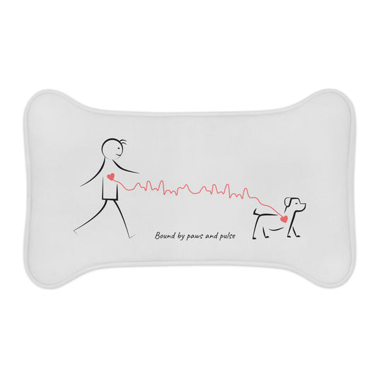 Minimalist pet feeding mat with the Bound by Paws and Pulse illustration — bone-shaped, memory foam, non-slip, designed for dog dads.