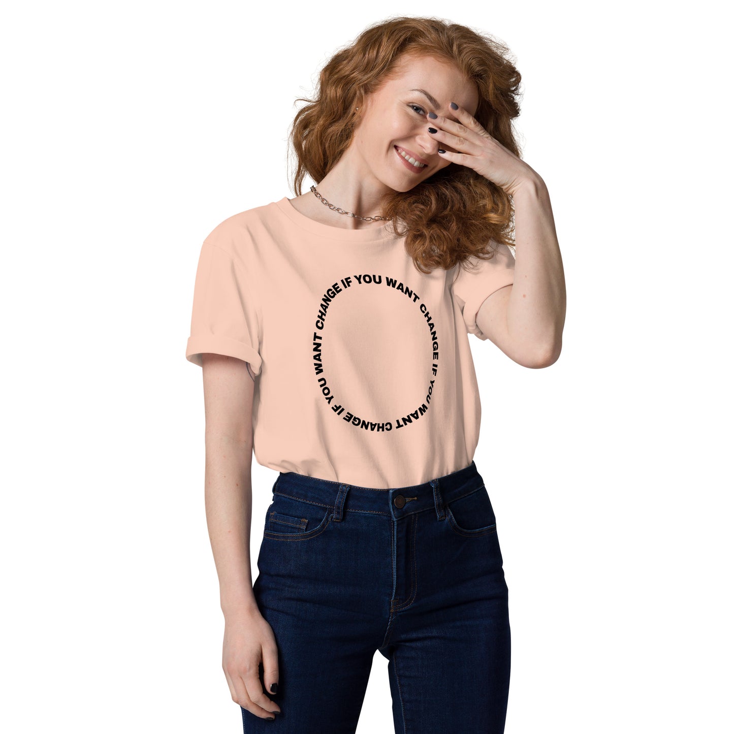 Model wearing the organic cotton t-shirt with black circular quote design