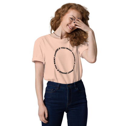 Model wearing the organic cotton t-shirt with black circular quote design