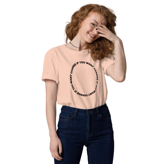 Model wearing the organic cotton t-shirt with black circular quote design
