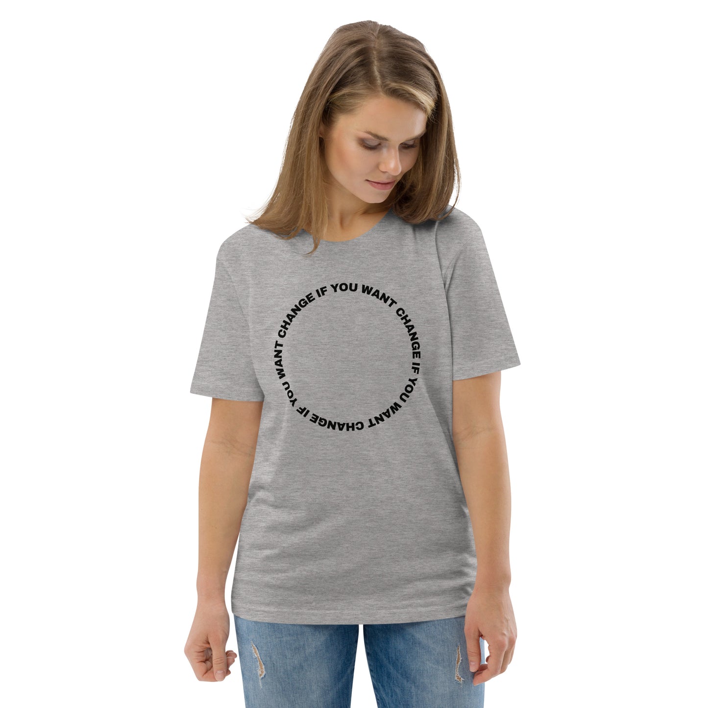 Black text loop reading change if you want change wrapped in a circle on an organic cotton unisex t-shirt