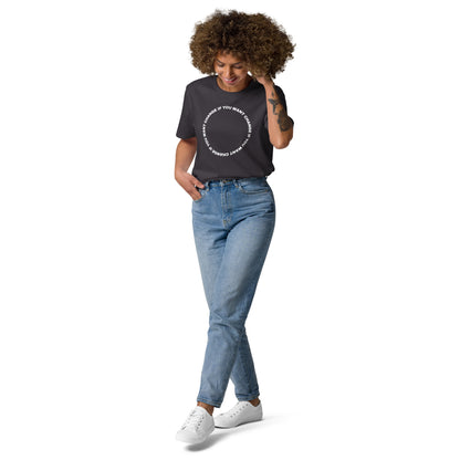 Model wearing the organic cotton t-shirt with white circular quote design