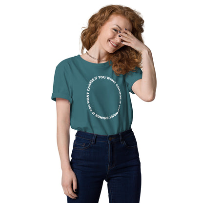 white circular quote design on the organic t-shirt's chest