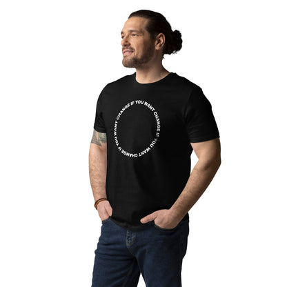 Male model wearing the organic cotton t-shirt with white circular quote "Change if you want change"