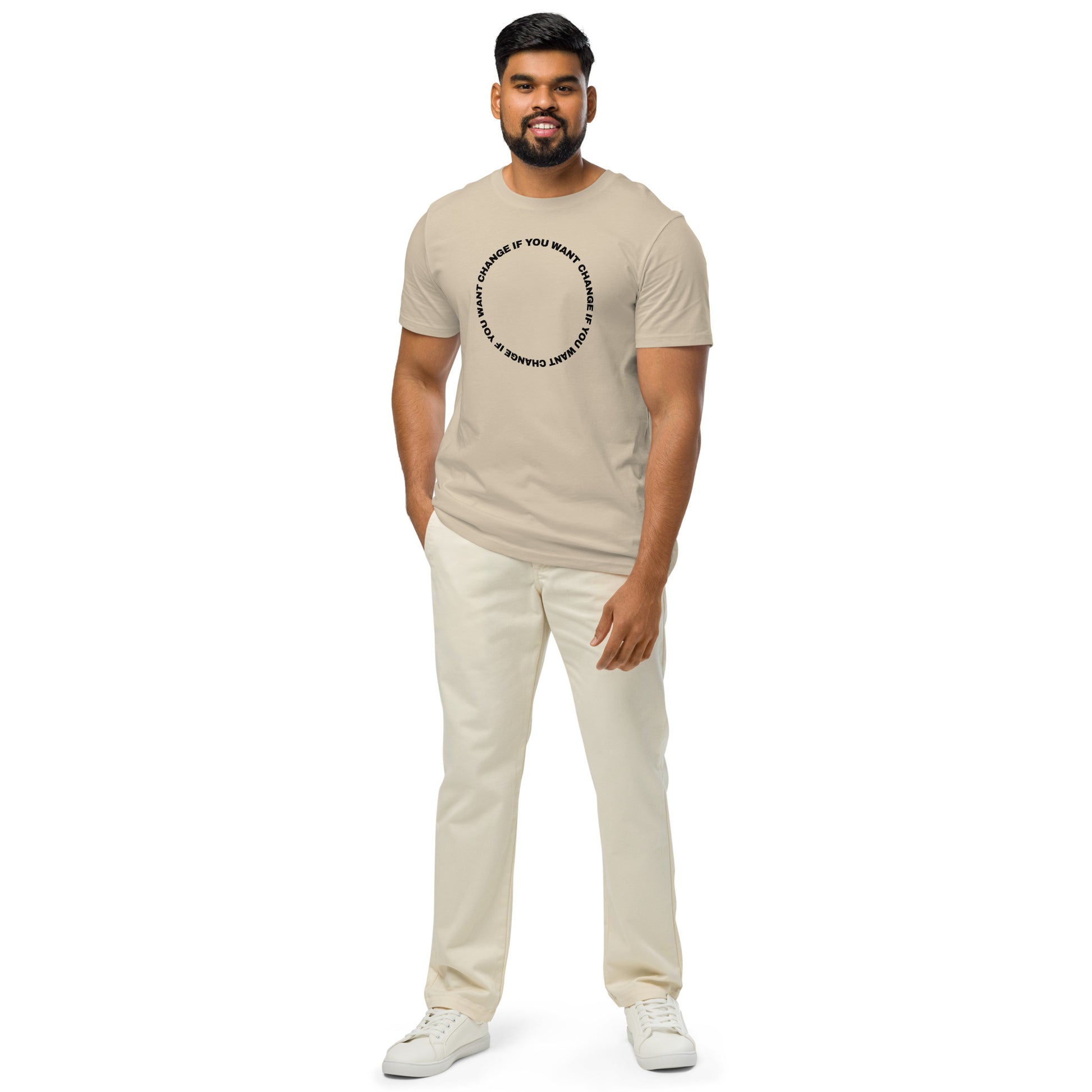 Male model wearing the organic lightweight t-shirt with black circular quote design