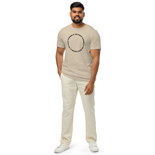 Male model wearing the organic lightweight t-shirt with black circular quote design