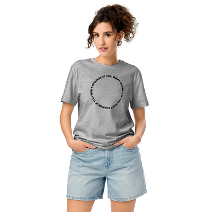 Woman wearing the organic lightweight t-shirt with black circular quote design
