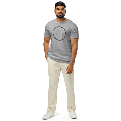The black circular quote design on the organic t-shirt's chest