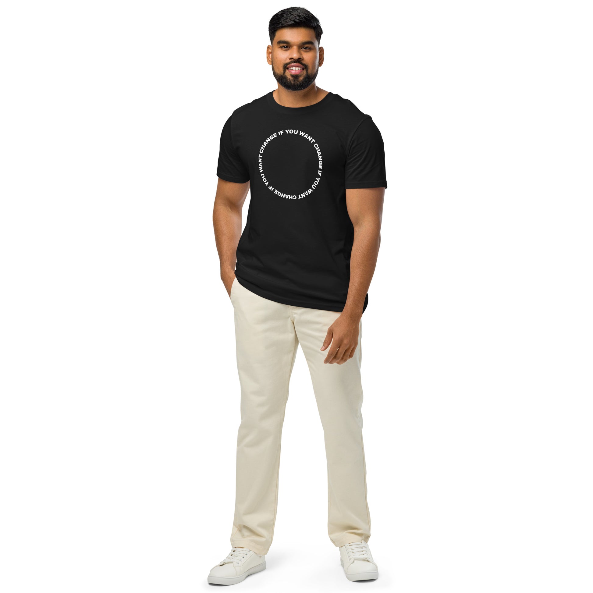 Man wearing the organic lightweight t-shirt with white circular quote design
