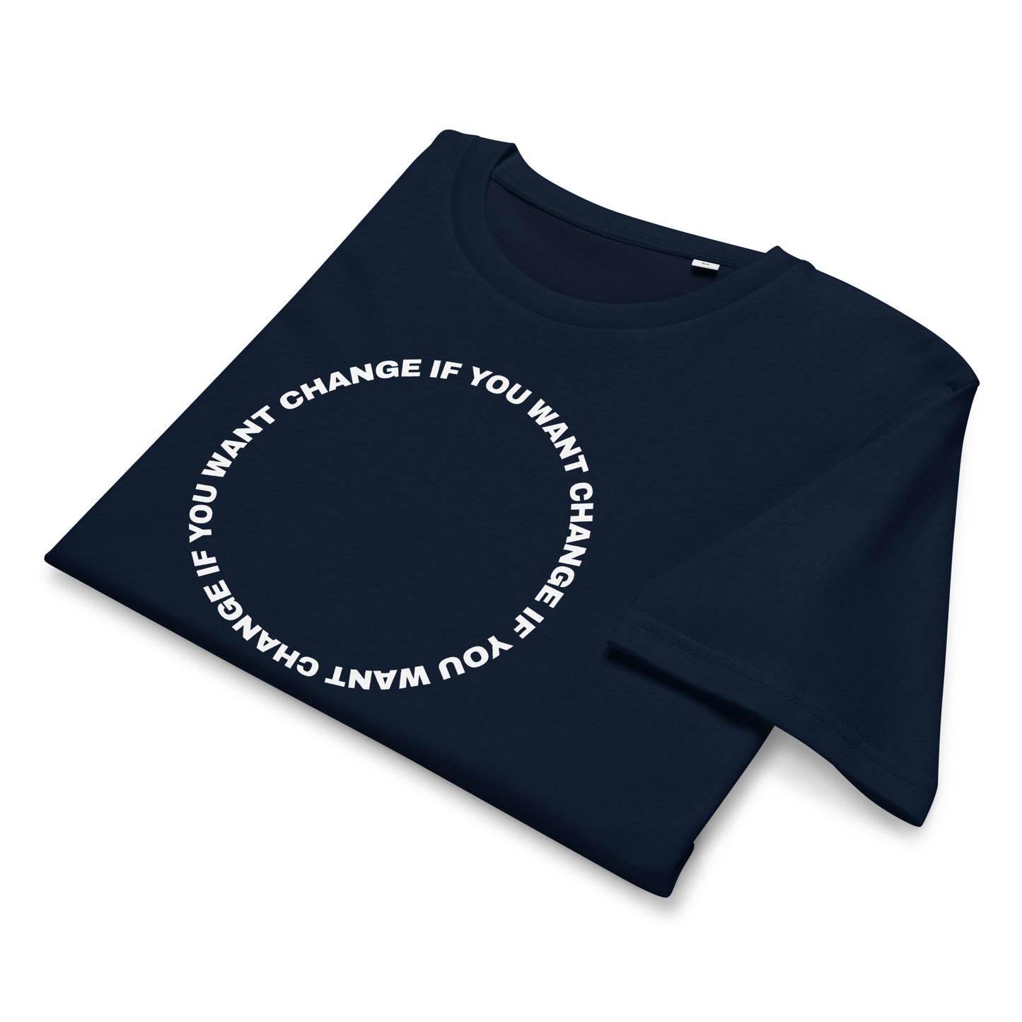 Close-up of the white circular quote design on the organic t-shirt's chest