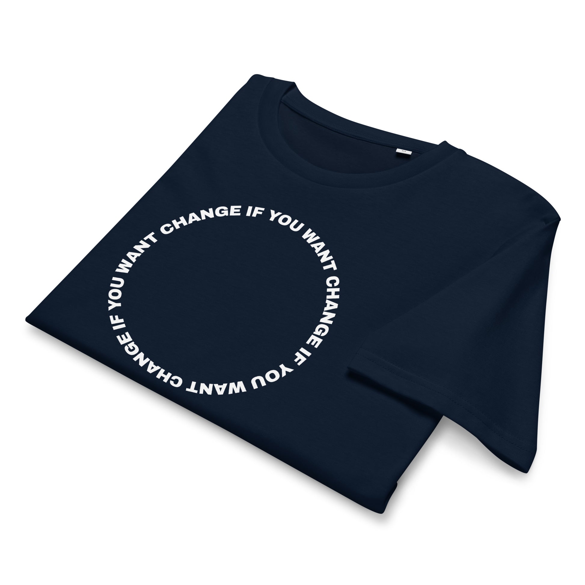 Close-up of the white circular quote design on the organic t-shirt's chest