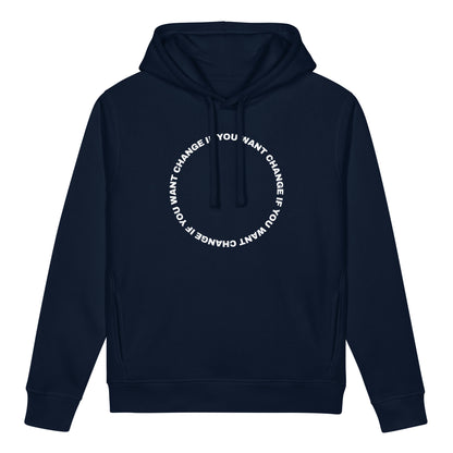 the organic pocket hoodie with white circular quote design. Dark Blue