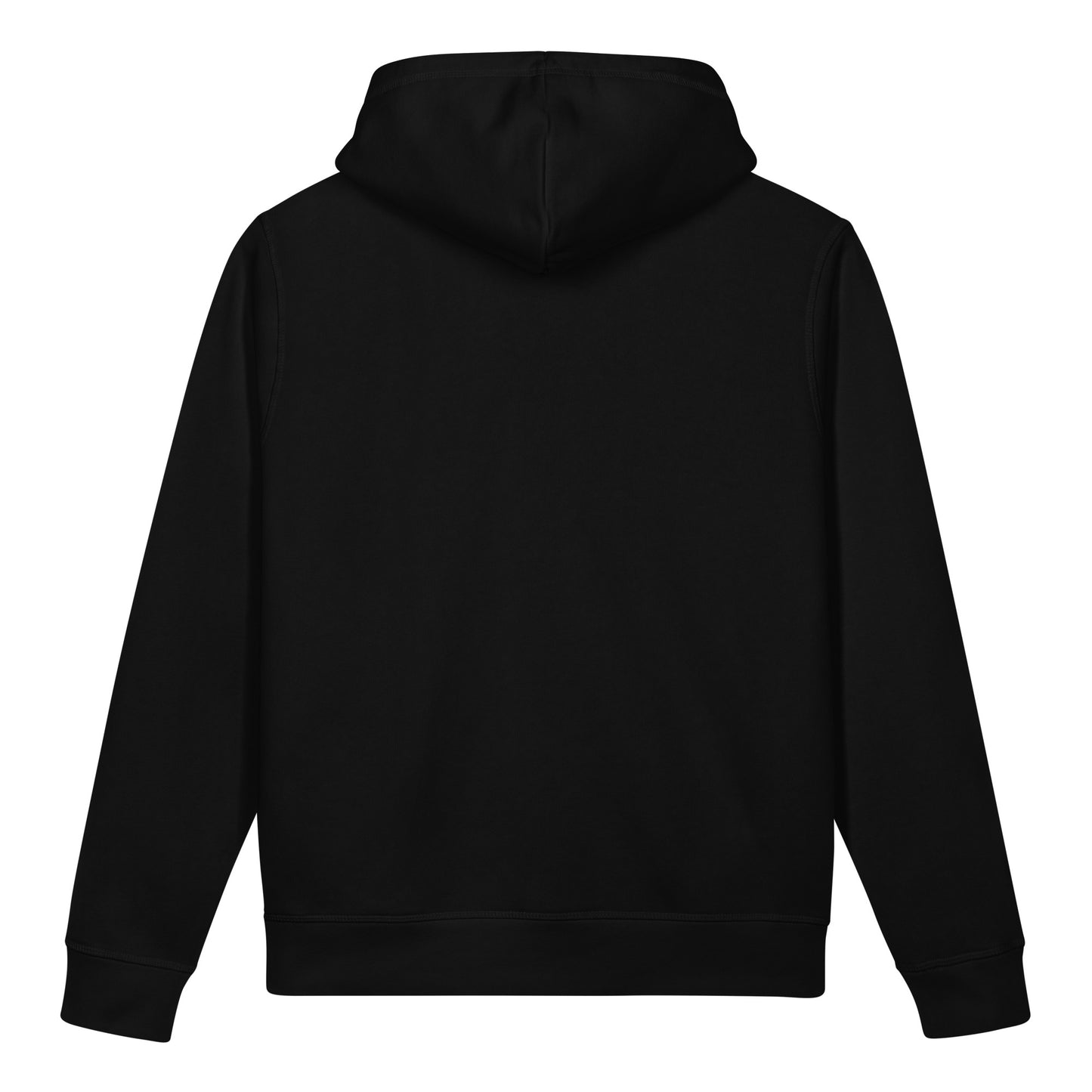 Organic cotton pocket hoodie. Back View.  Black Color.