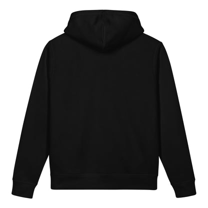 Organic cotton pocket hoodie. Back View.  Black Color.