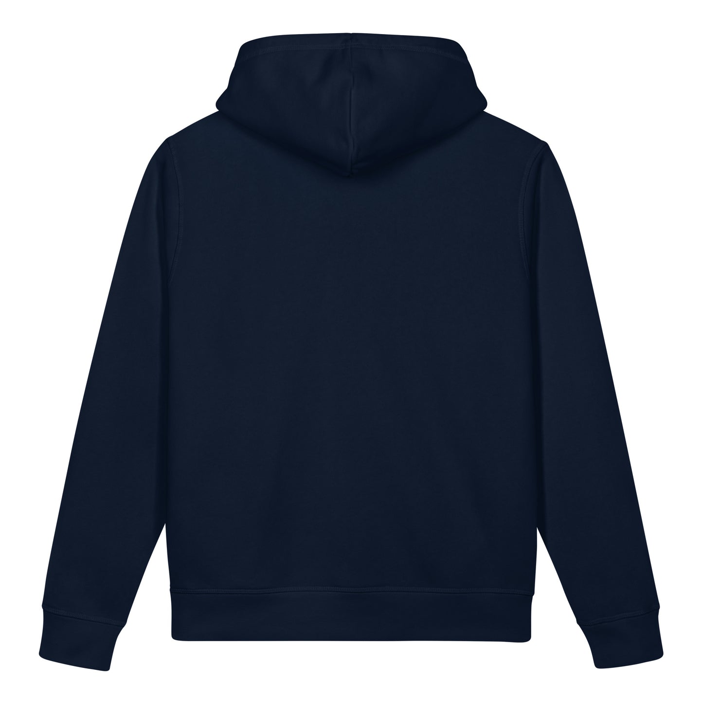 Organic cotton pocket hoodie. Back View.  Dark Blue Color.