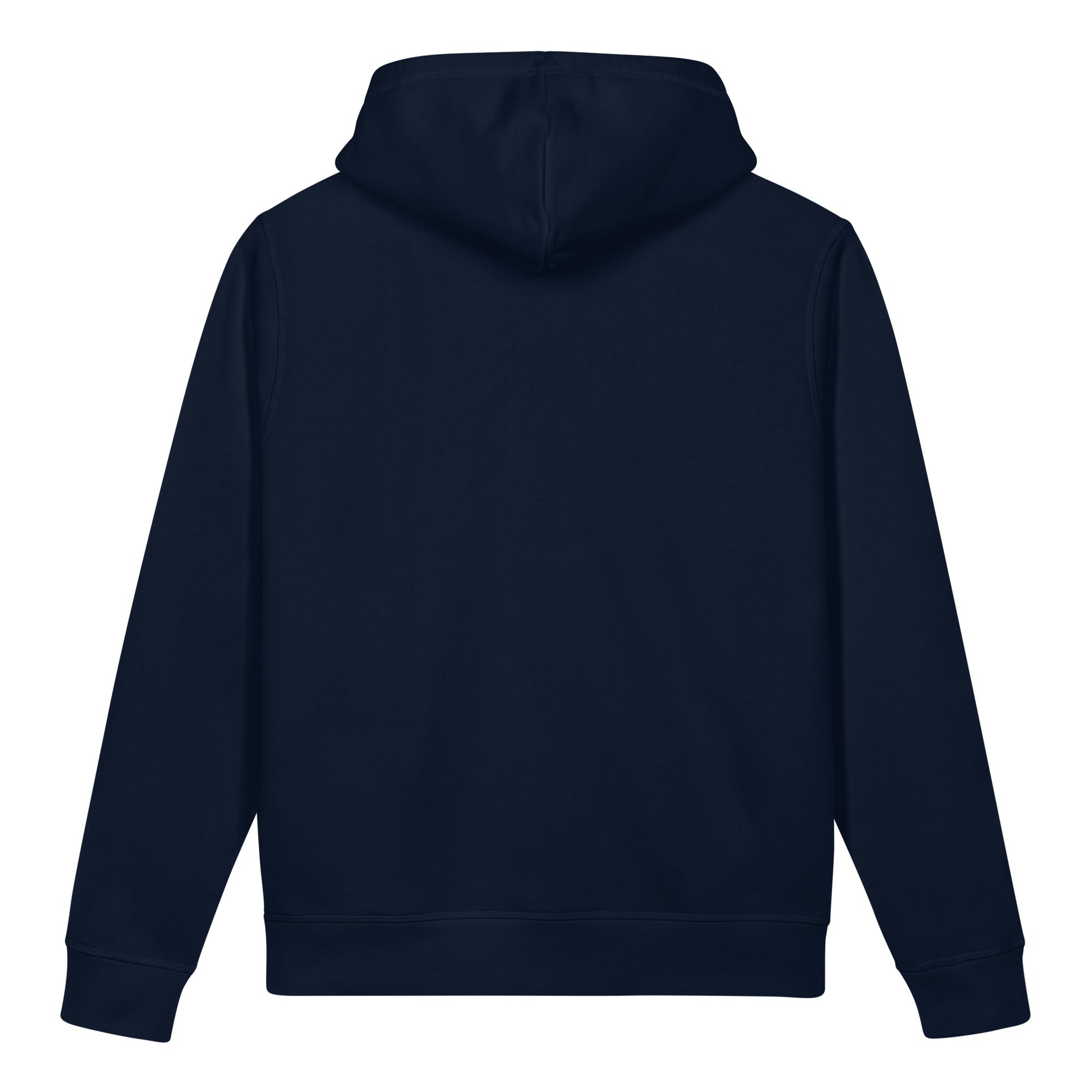Organic cotton pocket hoodie. Back View.  Dark Blue Color.