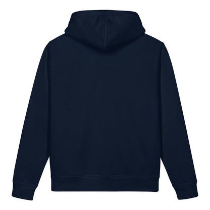 Organic cotton pocket hoodie. Back View.  Dark Blue Color.