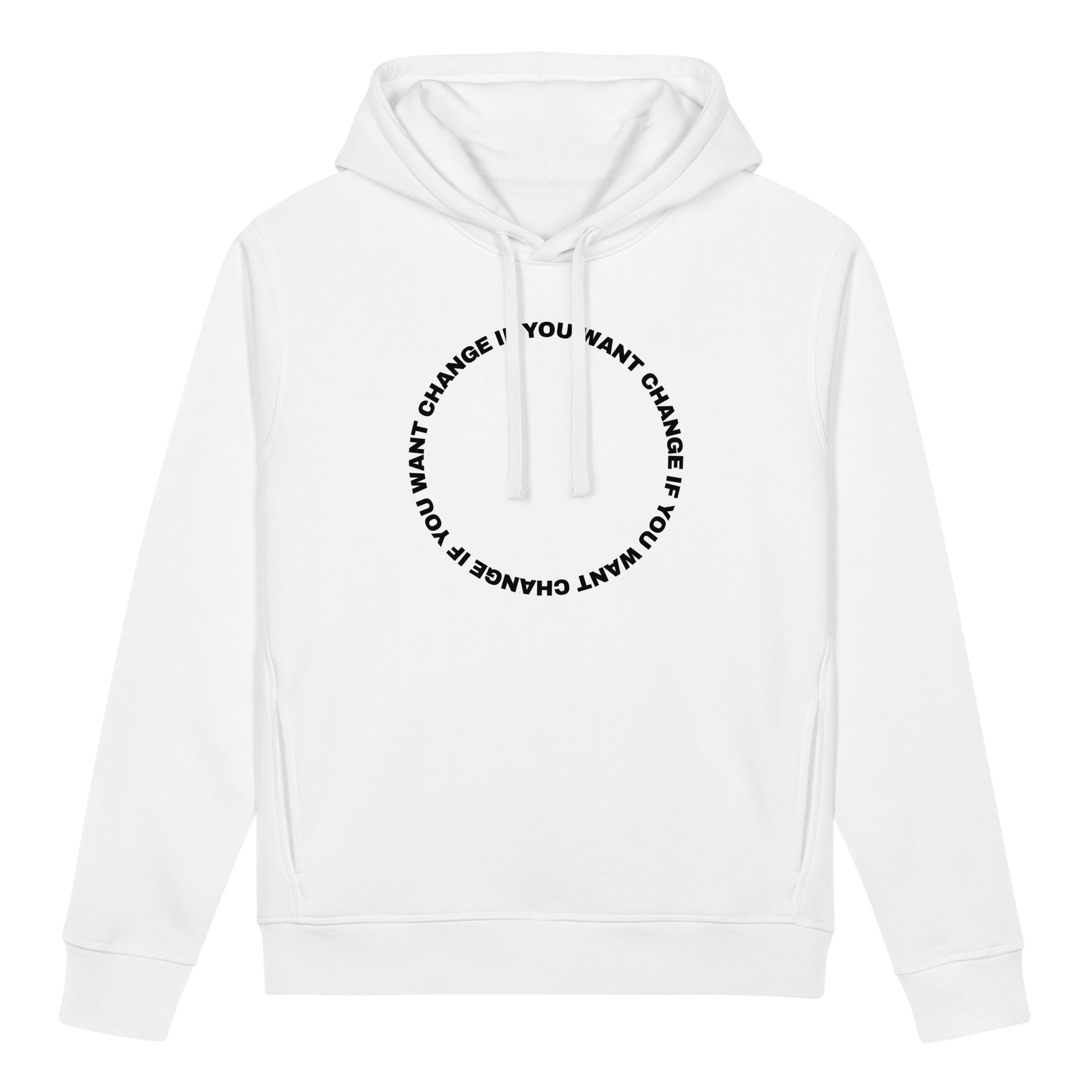 circular quote design on the organic hoodie's chest