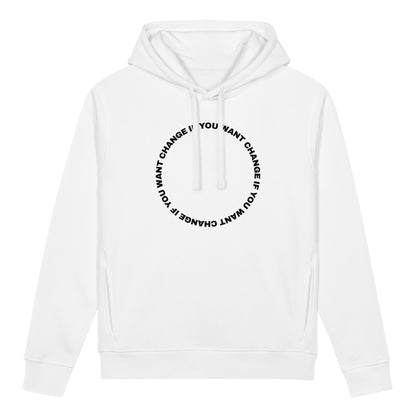 circular quote design on the organic hoodie's chest