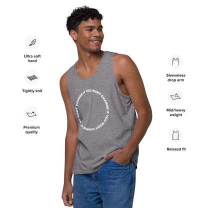 White text loop reading change if you want change wrapped in a circle on a men's tank top, heather color