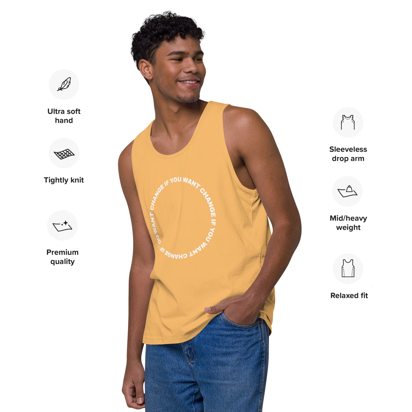 Man wearing the tank top with white circular quote design, squash color