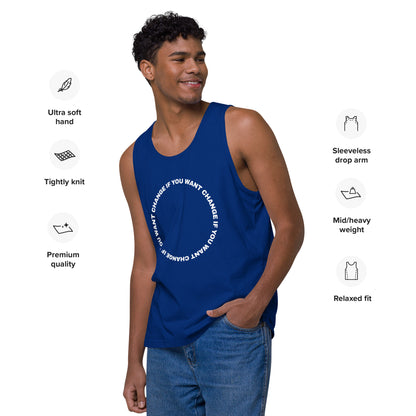 Model wearing the tank top with white circular quote design, blue color