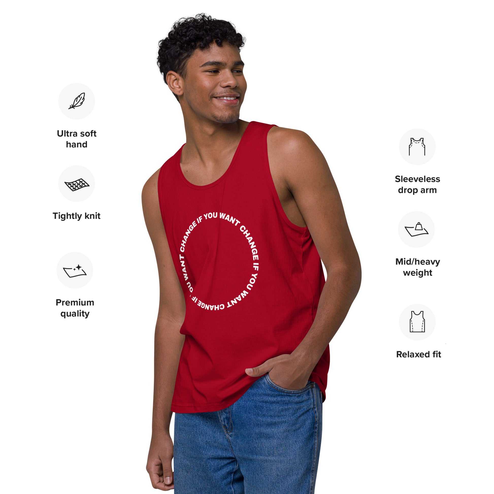 Model wearing the tank top with white circular quote design, red color
