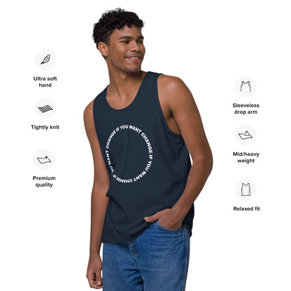 Model wearing the tank top with white,  circular quote design, navy color