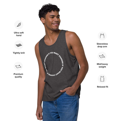 Model wearing the tank top with white circular quote design, charcoal 