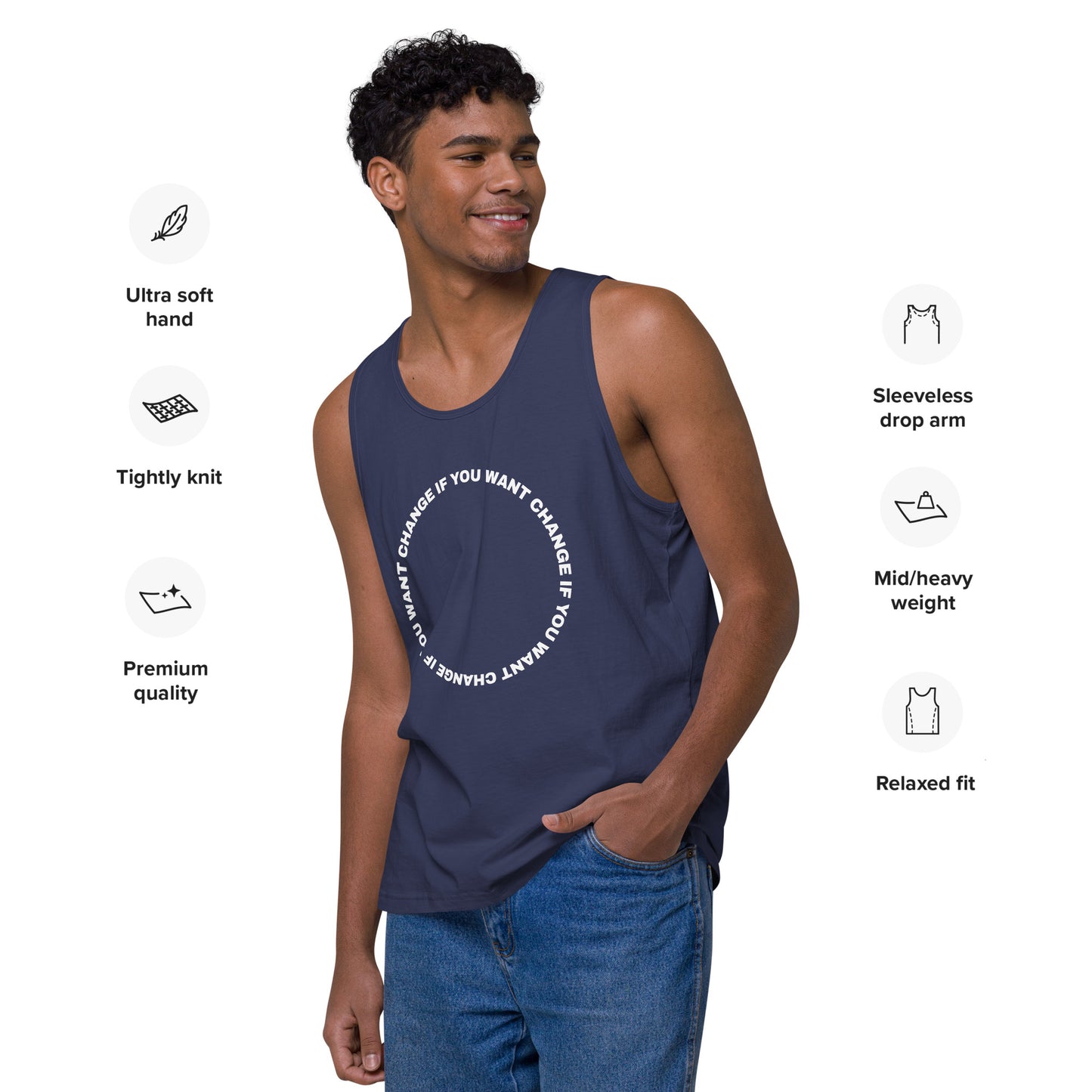 Model wearing the tank top with white circular quote design, harbor-blue color