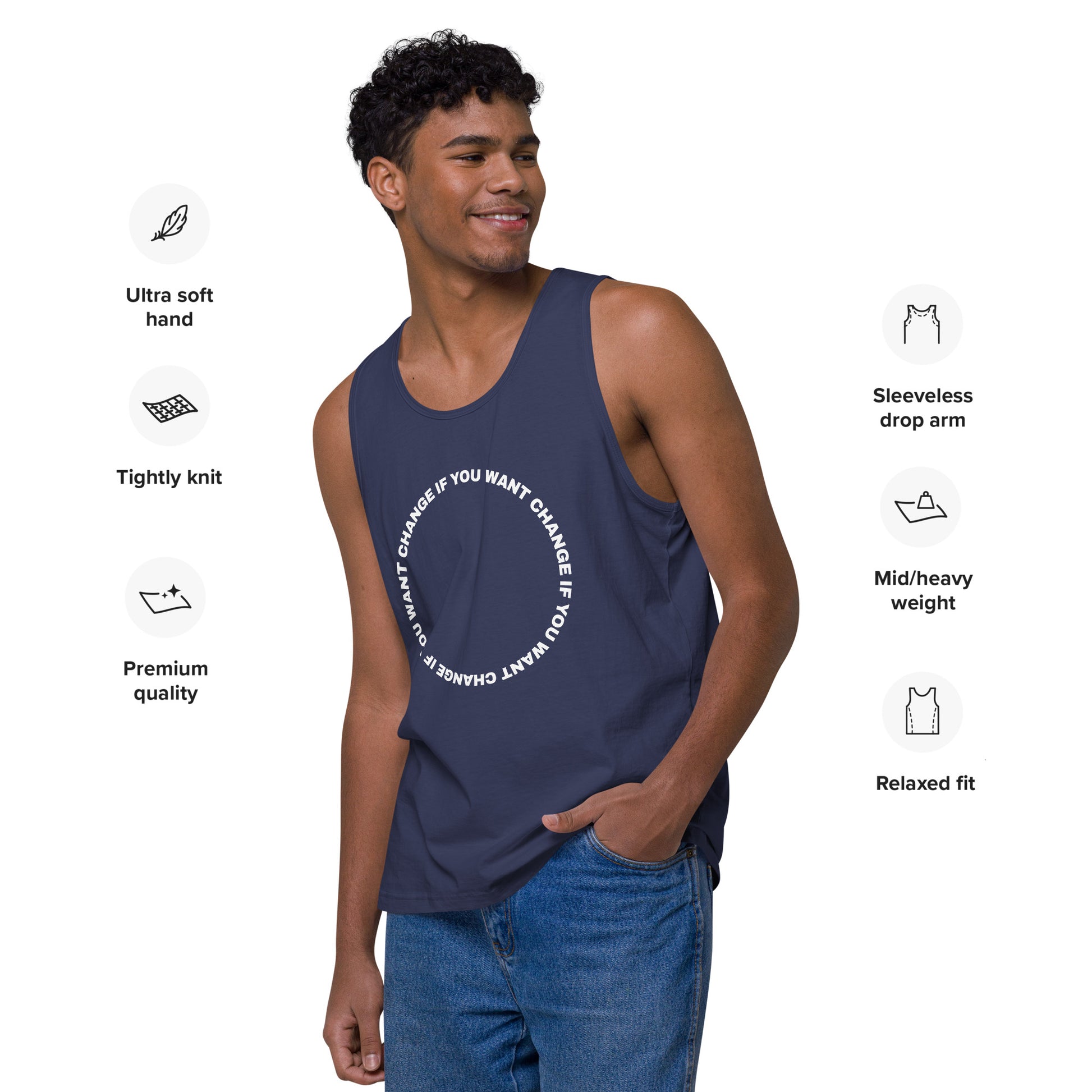 Model wearing the tank top with white circular quote design, harbor-blue color