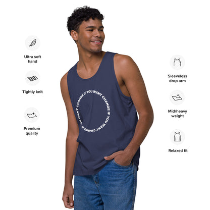 Model wearing the tank top with white circular quote design, harbor-blue color