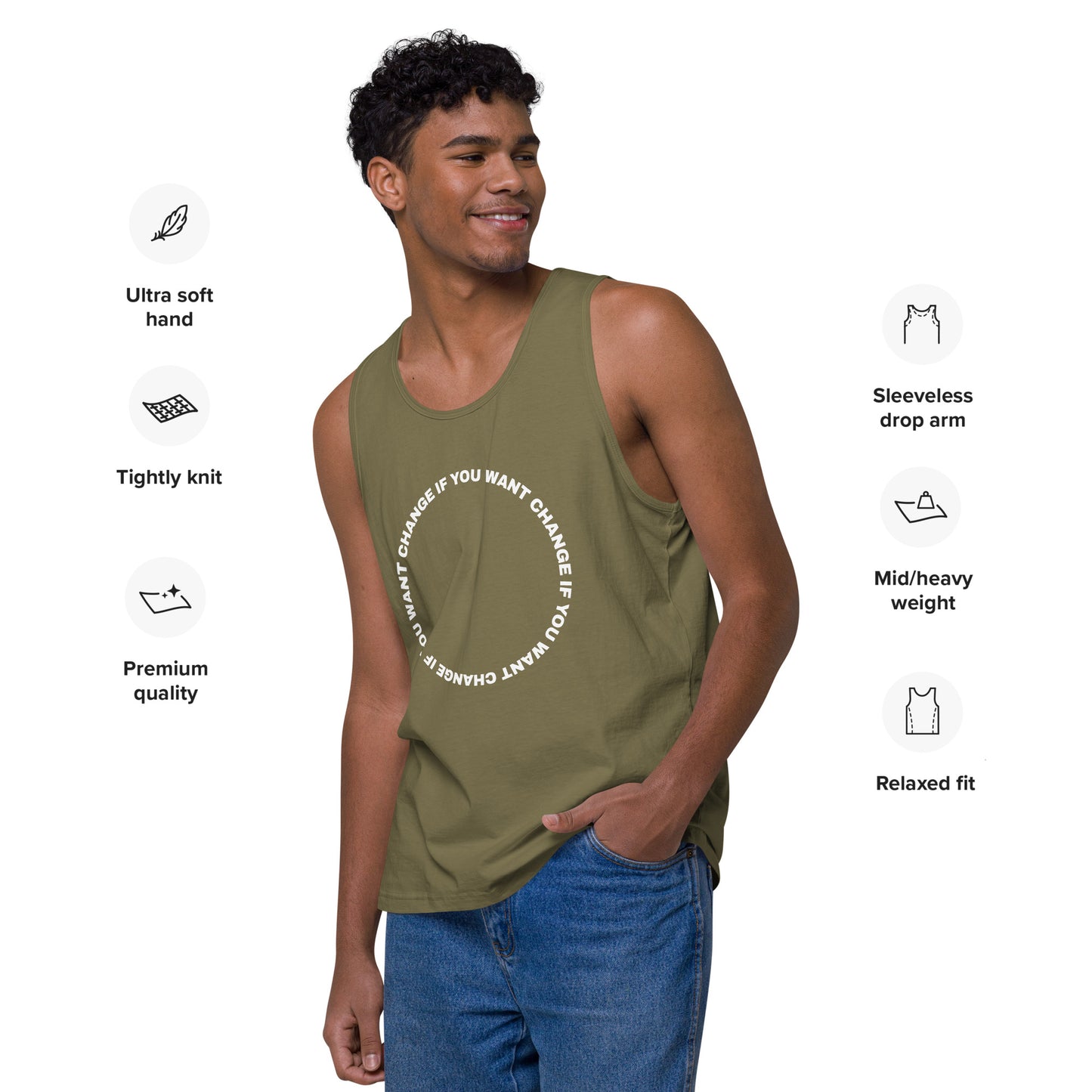 White text loop reading change if you want change wrapped in a circle on a men's tank top, military-green color