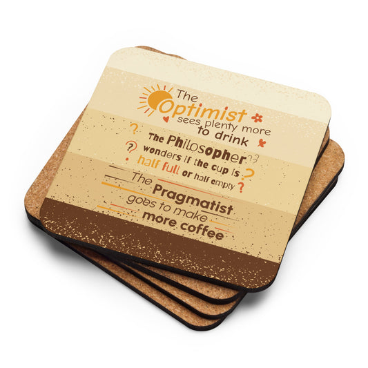 Square cork-backed coaster printed with the Coffee Philosophy design — The Optimist, The Philosopher, and The Pragmatist — in warm amber, orange, and brown tones on a gradient background