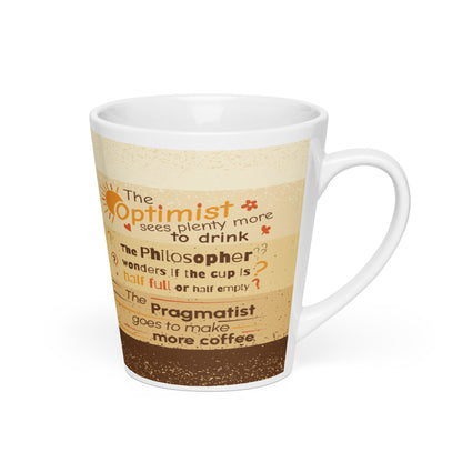 White 12oz ceramic latte mug printed with the Coffee Philosophy design — The Optimist, The Philosopher, and The Pragmatist — in warm amber, orange, and brown tones on a gradient background