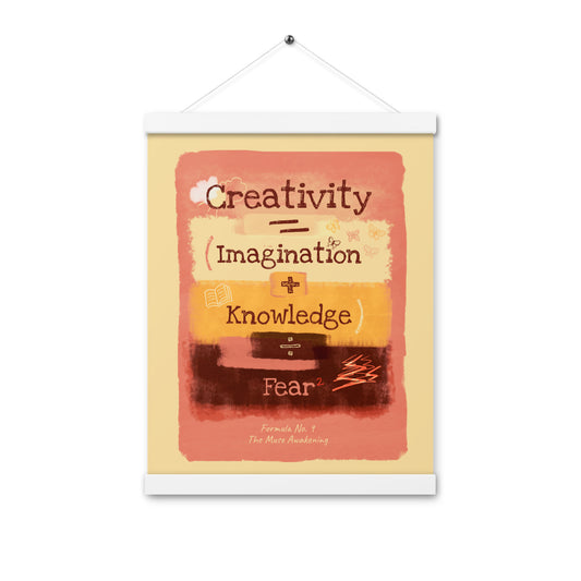Formula No. 9 Creativity poster with white hangers, 12 x 16 inch: Creativity equals Imagination plus Knowledge, divided by Fear squared