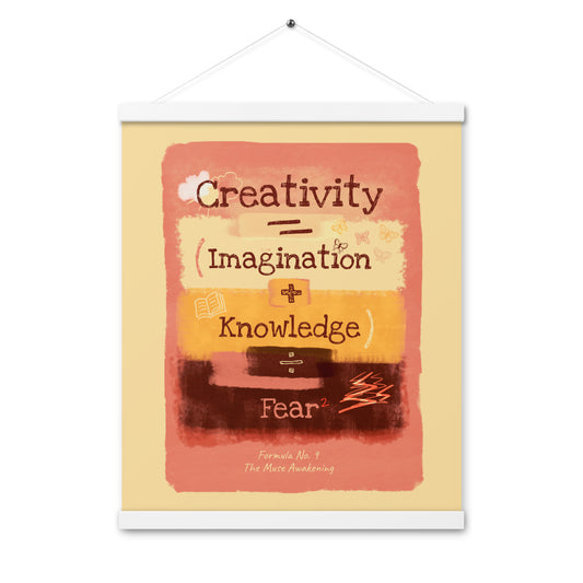 Formula No. 9 Creativity poster with white hangers, 16 x 20 inch: Creativity equals Imagination plus Knowledge, divided by Fear squared