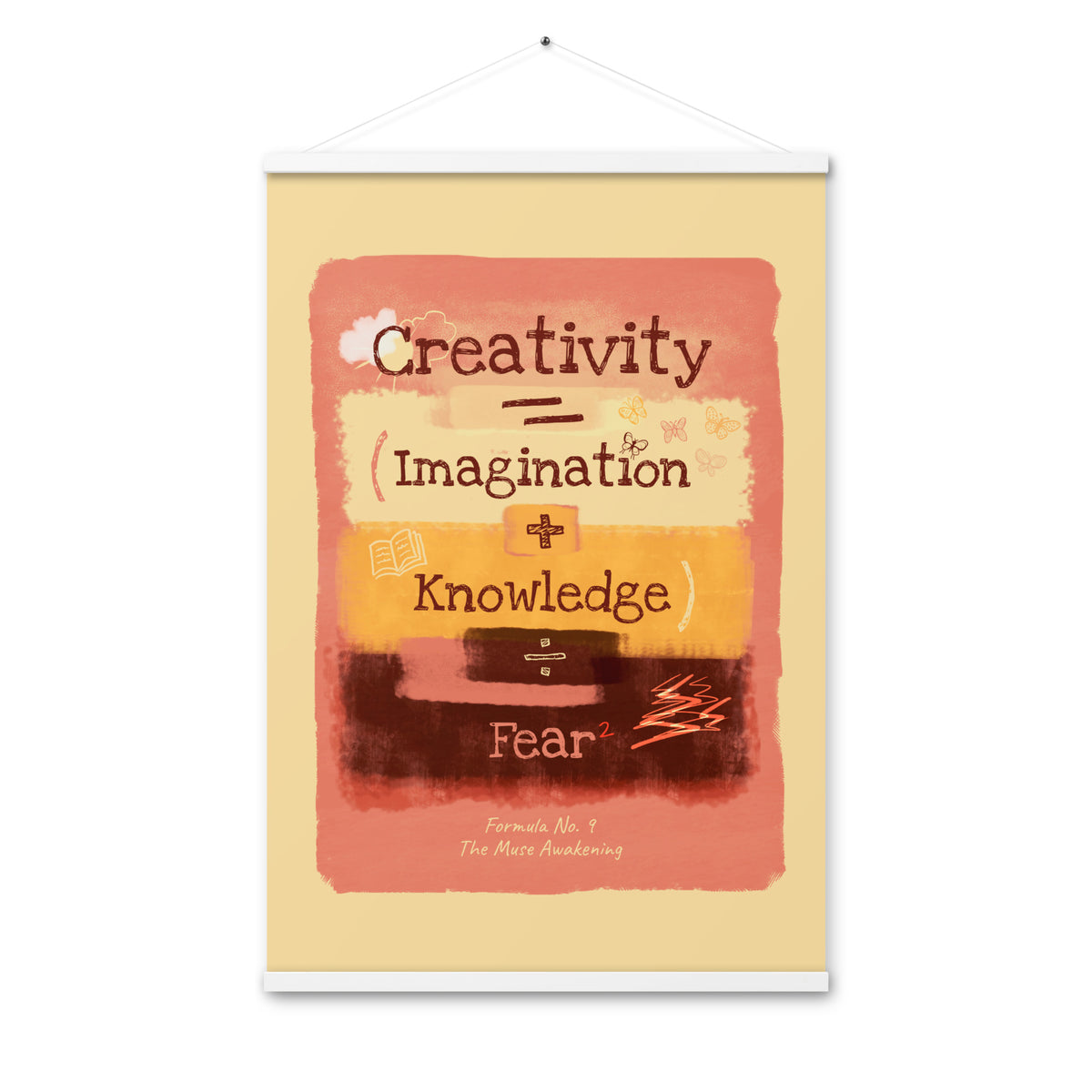 Formula No. 9 Creativity poster with white hangers, 24 x 36 inch: Creativity equals Imagination plus Knowledge, divided by Fear squared