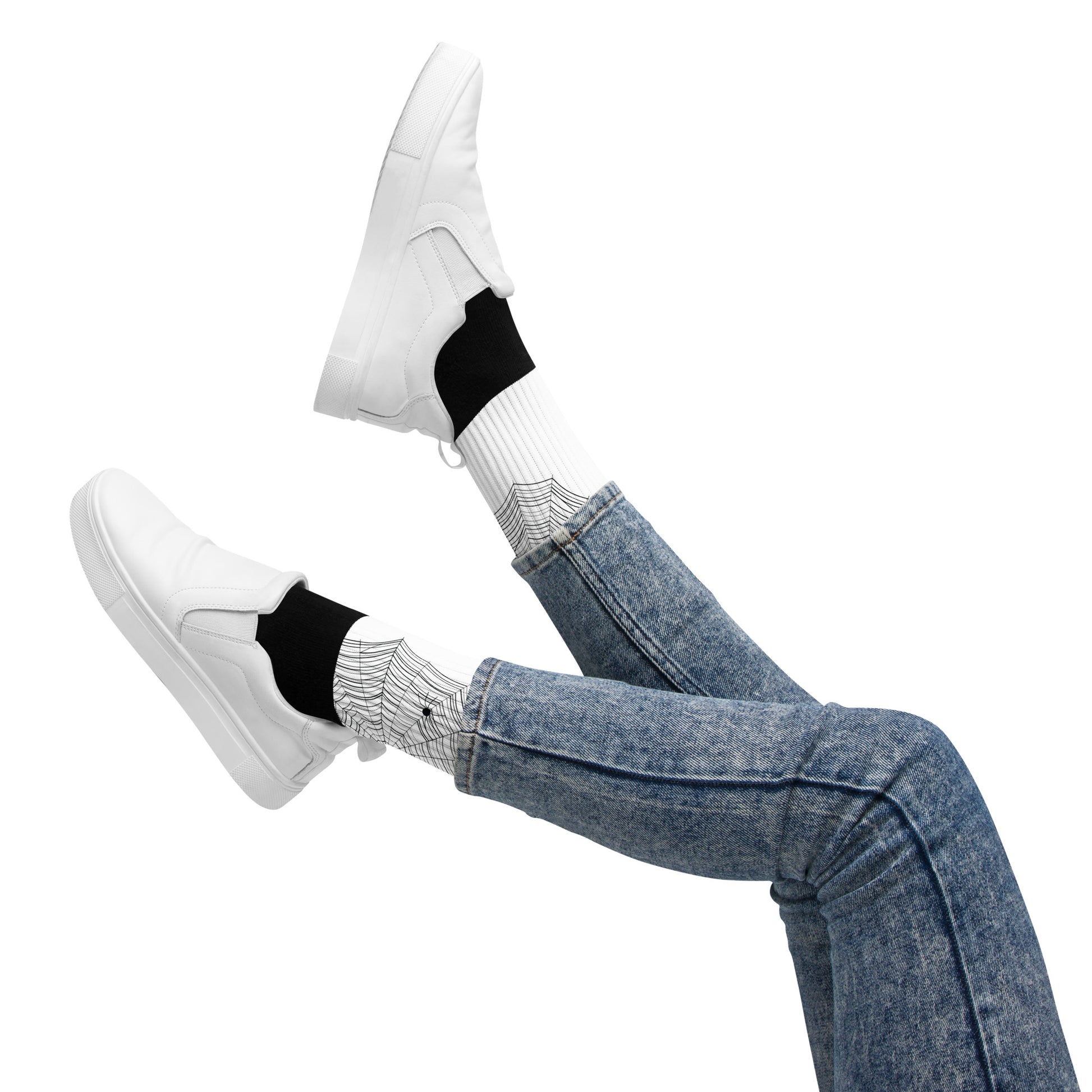 Find the Spider crew socks — black and white spiderweb illustration on white ribbed leg with black cushioned foot