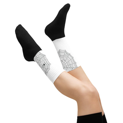 Spider web print socks with hidden spider detail — MWL Find the Spider collection, black foot white leg crew length