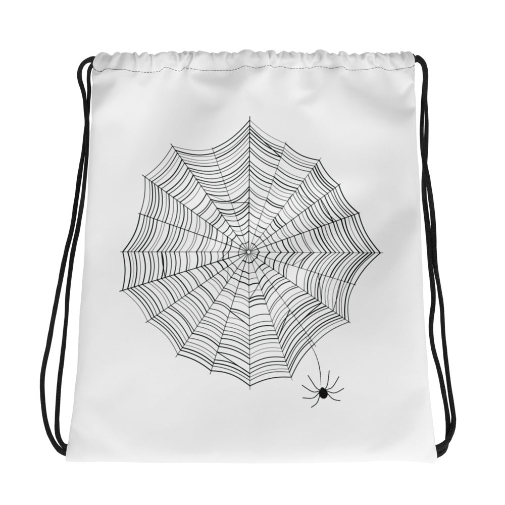 Spider web print drawstring backpack — bold black and white graphic bag, MWL Find the Spider collection