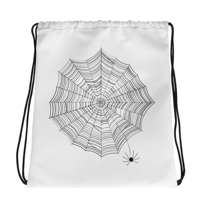 Spider web print drawstring backpack — bold black and white graphic bag, MWL Find the Spider collection