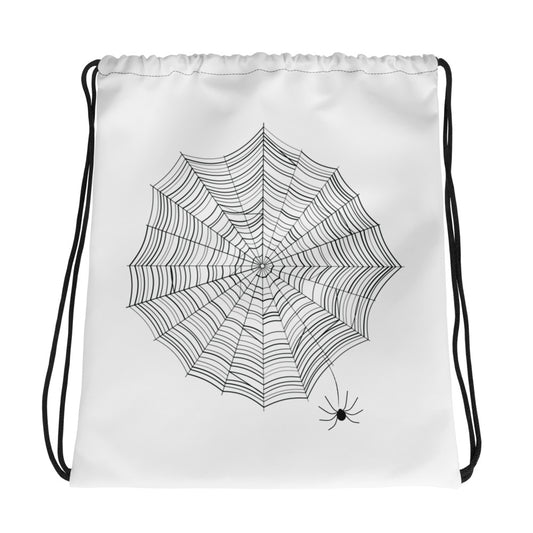 Spider web print drawstring backpack — bold black and white graphic bag, MWL Find the Spider collection