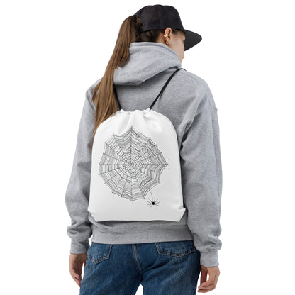 Find the Spider drawstring bag — all-over black spiderweb print on white polyester gym bag with hidden spider detail